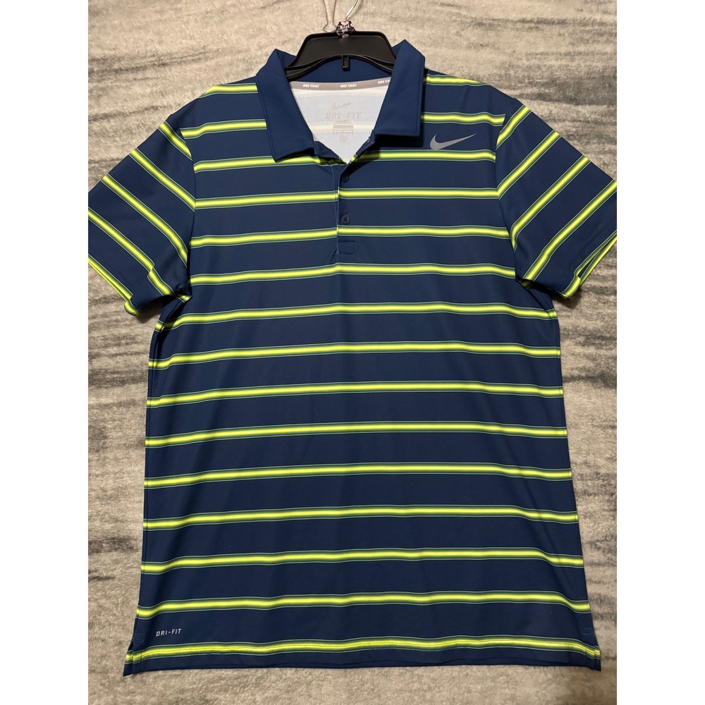 Nike Mens Tennis Dri-FIT Striped Polo Shirt Navy Blue Neon Green 551588-411 L
